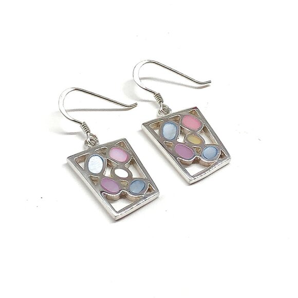 Sterling Silver Dangle Earrings, Baby Blue Pink Modern Pebble Design Earrings - Picture 5 of 5